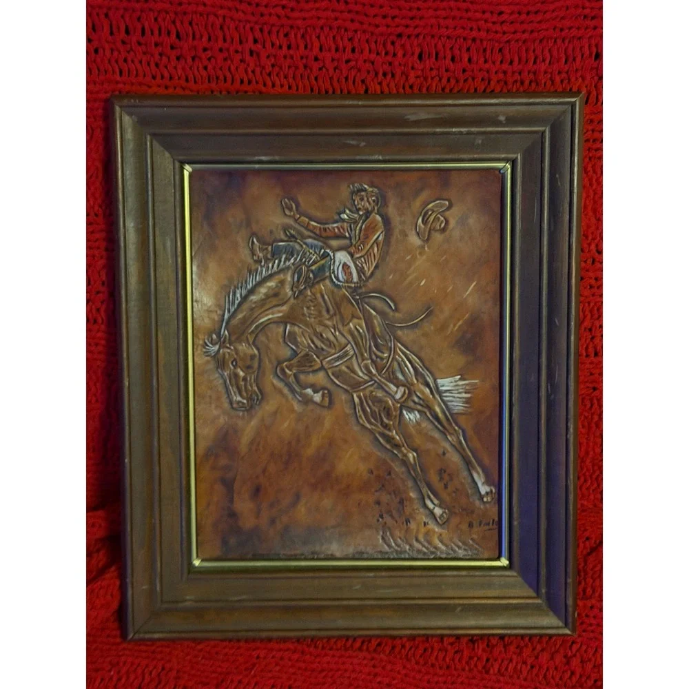 Vintage B Earle Signed 3D Embossed Leather Rodeo Cowboy Bronco Art Framed
